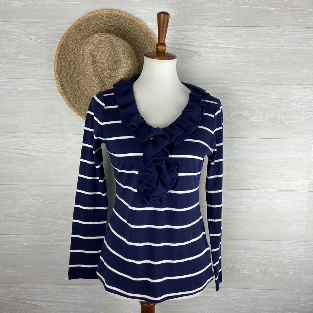 Brooks Brothers Navy Striped Ruffle Top